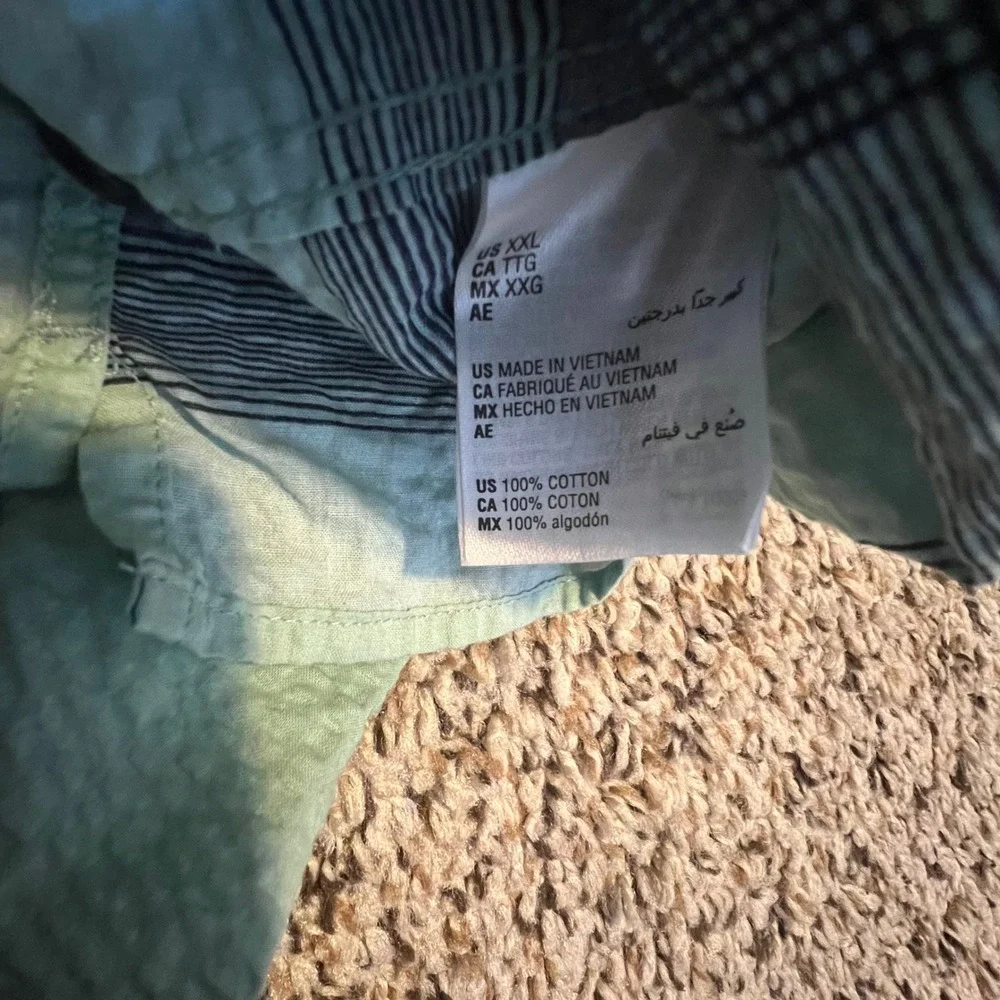 Alfani Men XXL Mint Green Navy Plaid‎ Seersucker Short Sleeve Button Up Shirt